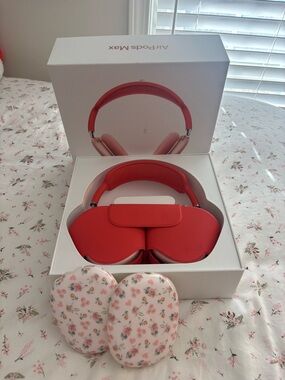 Apple Red AirPods Max with Floral Ear Cup Covers
